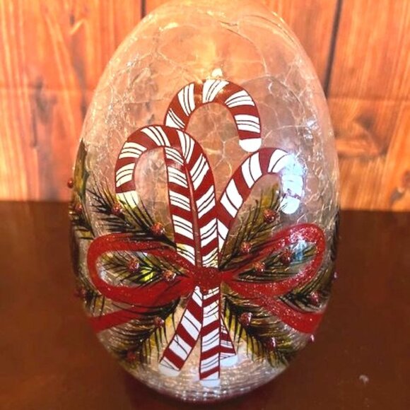 Cheerfull LED Light Up Holiday Decor Candy Cane & Pinecone Crackle Glass Egg